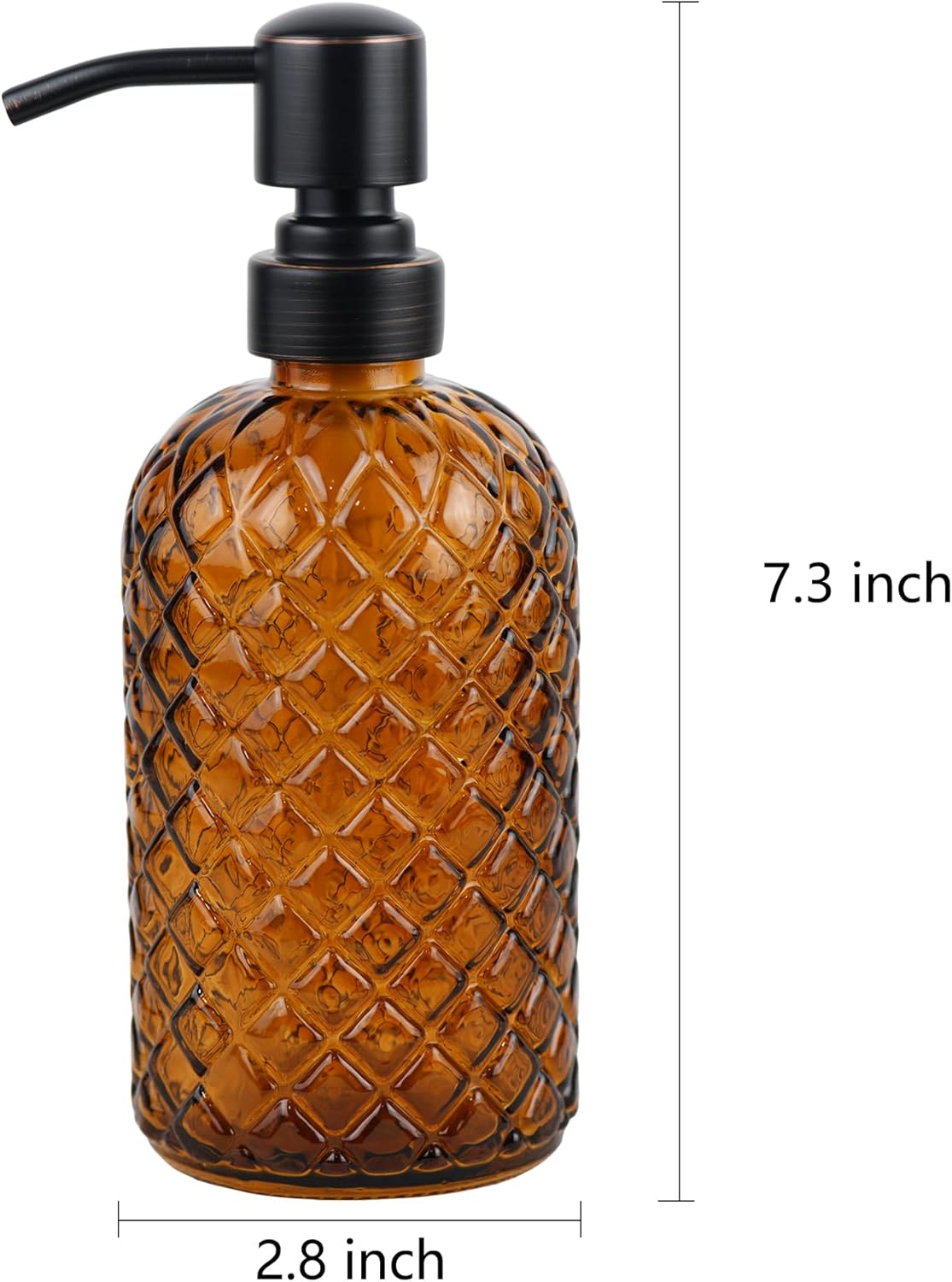16 oz Glass Soap Dispenser with Stainless Steel Vintage Brushed Bronze Pump Head, Refillable Gemstone Pattern Soap Dispenser for Hand Soap, Dish Soap, and Lotion (Amber)