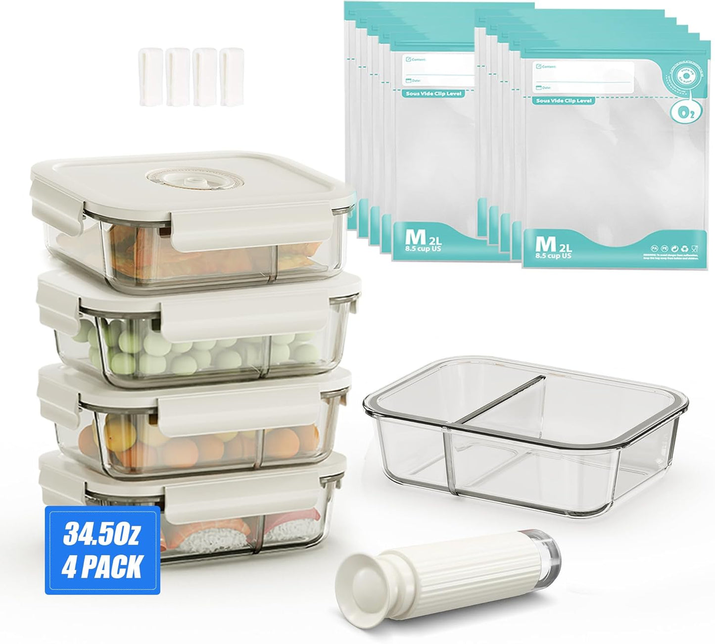 19 PCS Vacuum Sealer, Handheld Manual Vcuum Pump For Borosilicate Glass Vacuum Storage Containers, 2 Compartment | Airtight |Vacuum Seal, 4-Packcontainers(34.5 Oz), 10 Reusable Food Saver Sealer Bags