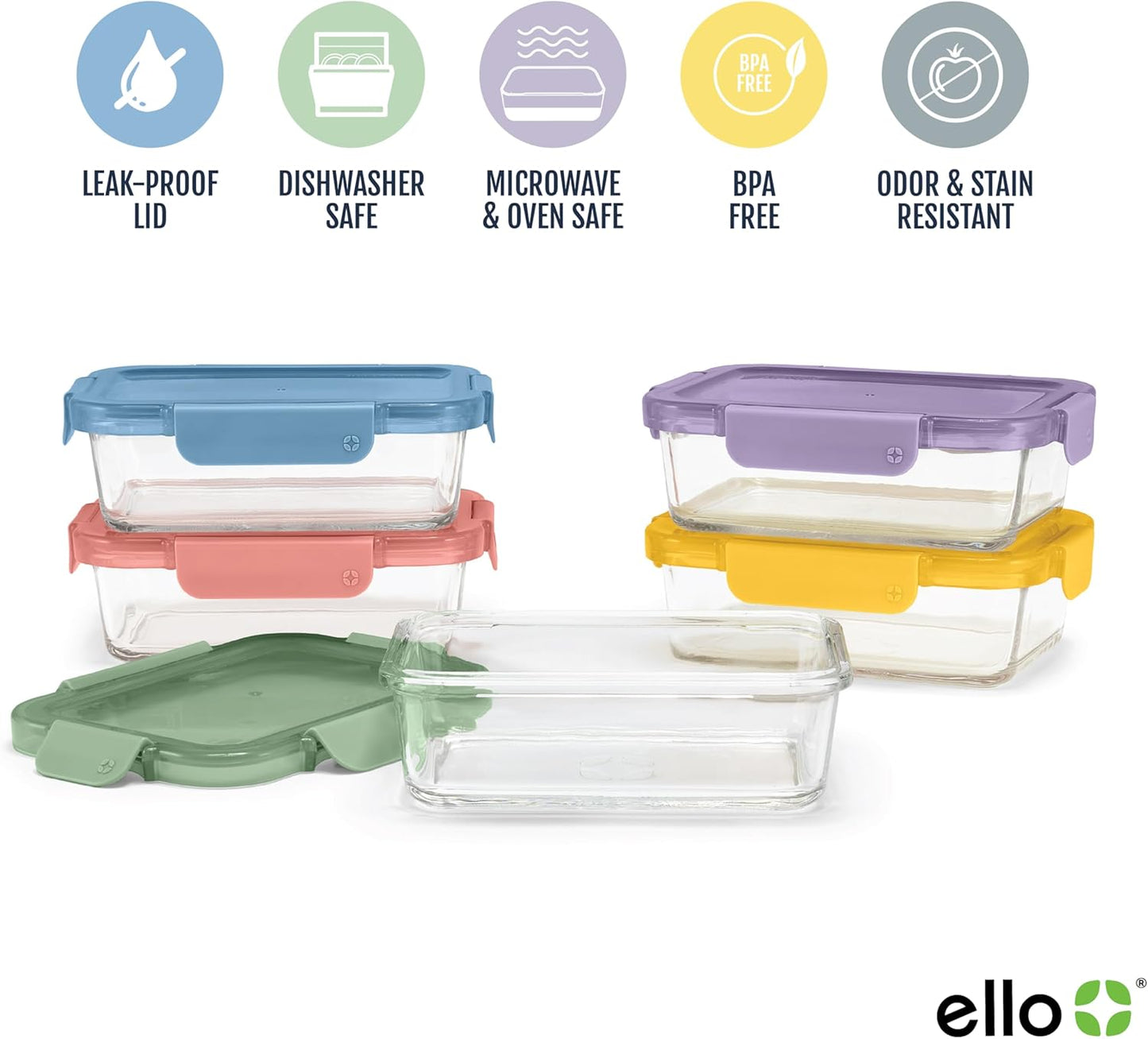 Ello Color Lock 3.4 Cup 10PC, 5 Pack Glass Meal Prep Sets Leak-Proof Glass Food Storage Containers with Airtight BPA-Free Plastic Lids, Dishwasher, Microwave, and Freezer Safe, Desert Festival