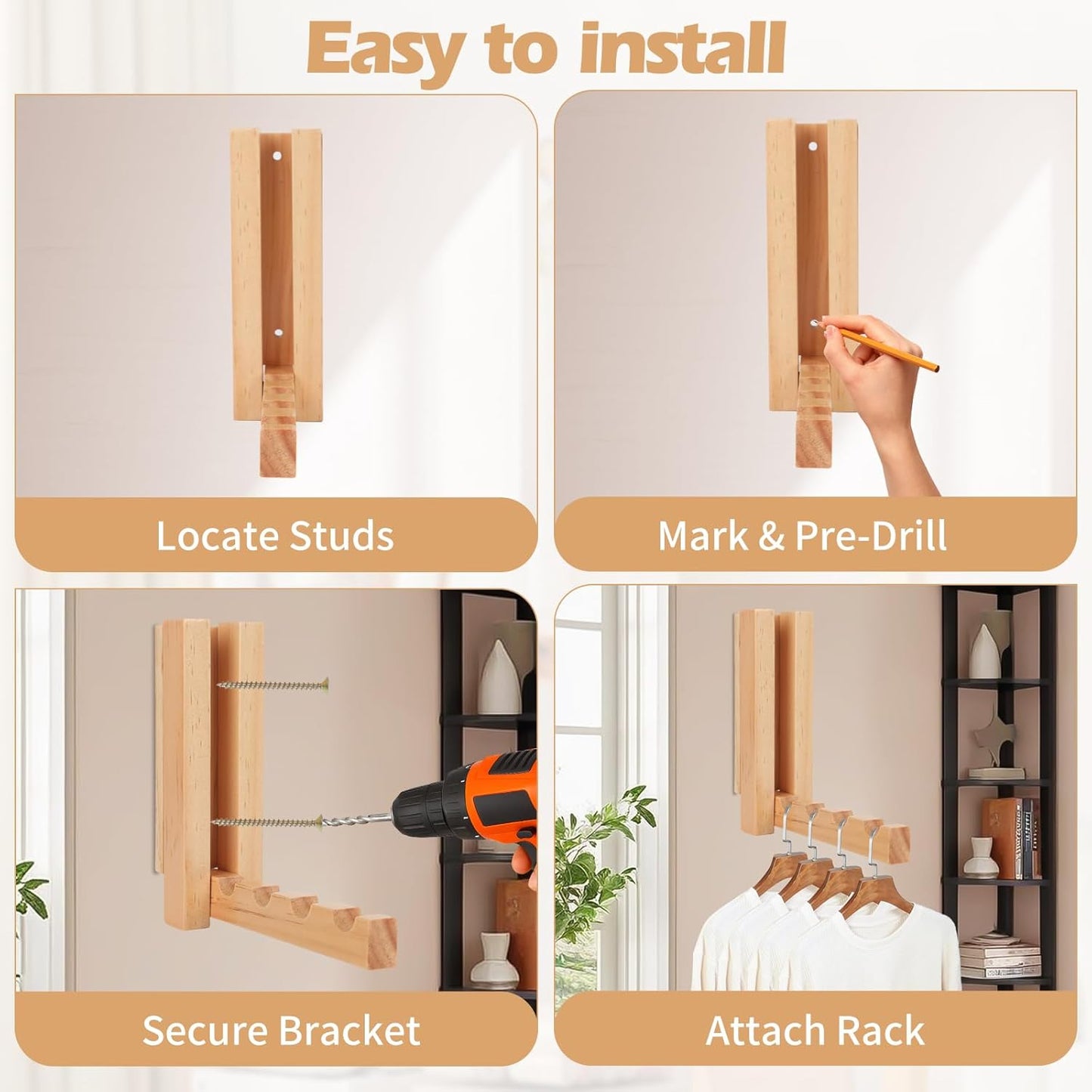 Clothes Drying Rack Wall Mounted, Wood Folding Clothes Hanger Rack for Laundry Room, Laundry Drying Rack Wall Mount, Multifunctional Organizer for Hanging Decor, Bathrooms, Home Storage