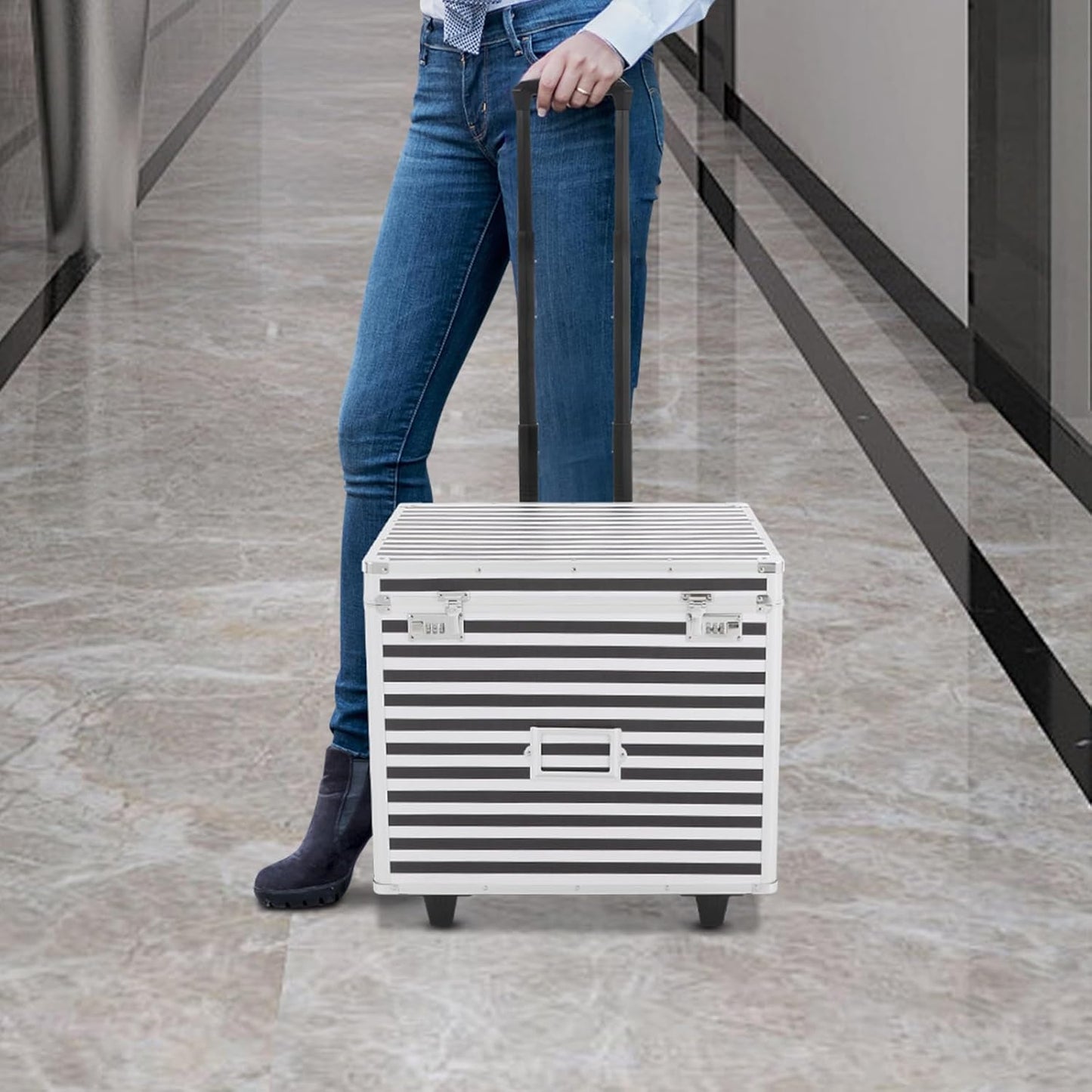 Mobile Business Case, Locking Mobile Storage File Box with Telescopic Handle, Rolling File Box Metal, 19.2 x 15 x 16 Inches, Portable Files Storage Organizer for Office Home School (Striped Pattern)