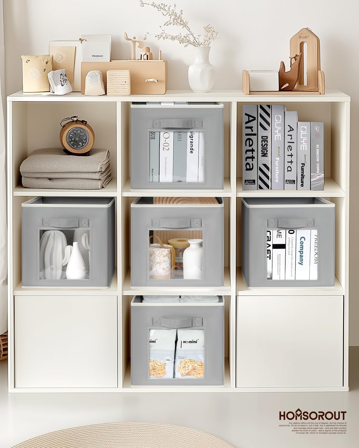 Foldable Storage Cubes - Cubby Storage Organizer with Window, Decorative Baskets for Organizing, Fabric Bins for Clothes Storage, Closet Storage Cubes 11inch, Set of 12, Grey