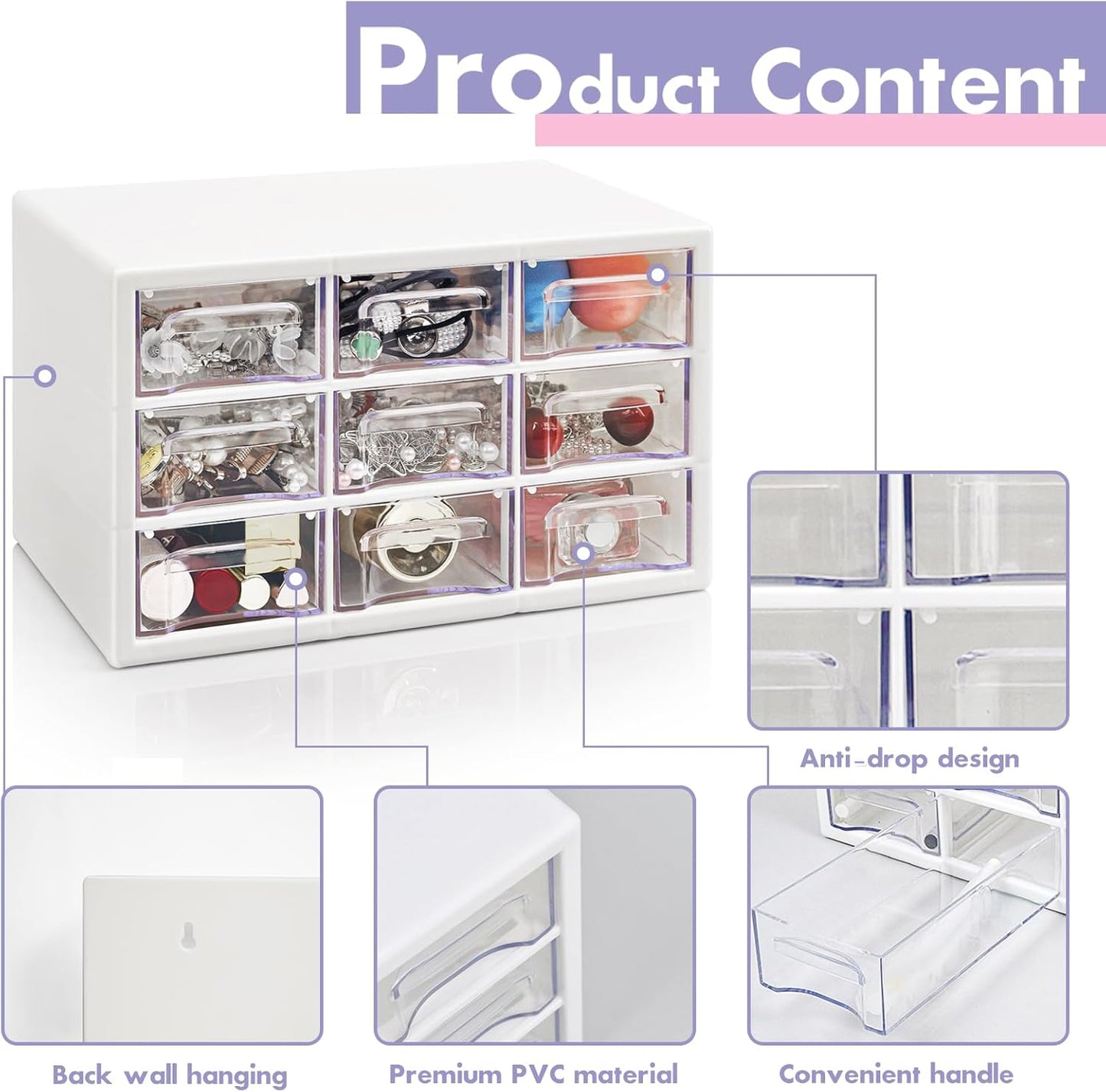 Desk Storage Organizer with 9 Drawers, FODIENS Stackable Desktop Craft Drawer Cabinet, Clear Storage Box Caddy for Makeup Jewelry Office Craft Supplies (9.84×6.3×5.9in) (White)