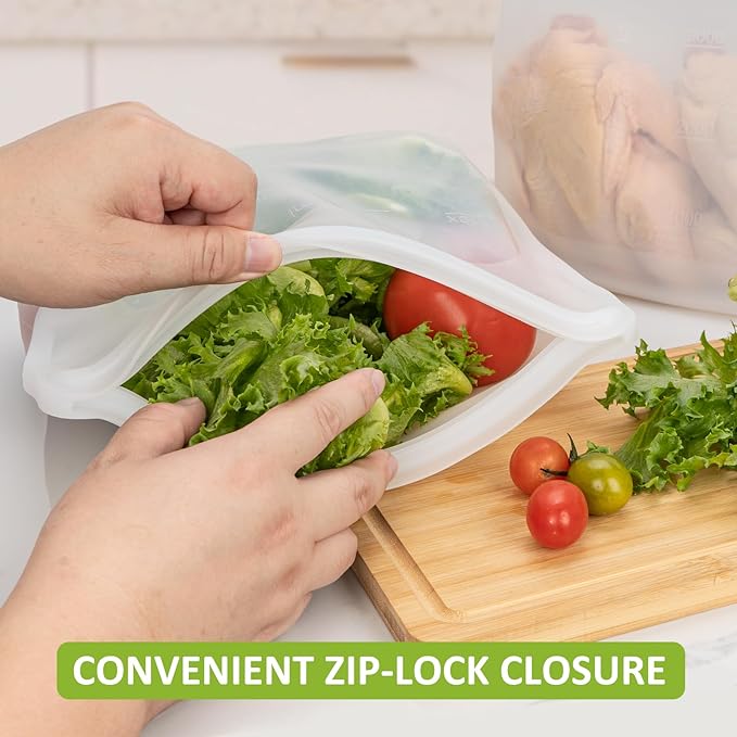 100% Silicone Gallon Freezer Bags, Extra Large Reusable 1 Gallon Silicone Storage Bags Stand-Up Zip-Lock Leakproof for Bulk Food & Large Portions, Freezer Microwave Sous Vide Dishwasher Safe, 2 Pack