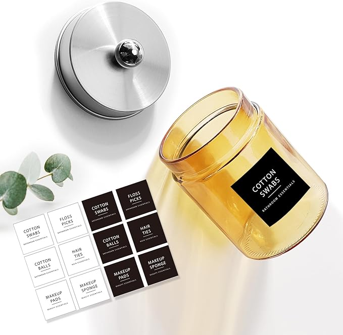 Amolliar Amber Yellow Glass Apothecary Jar with Metal Lid & Cute Labels, Qtip Holder Dispenser Canister for Cotton Balls, Cotton Swabs, Makeup Pads, Countertop Bathroom Storage,1 Pack(Brushed Nickel)