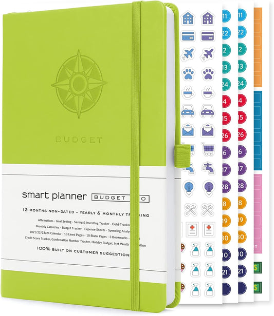 Smart Planner Budget Book – A5 Size 8.6 x 5.7 inches – Undated Budget Planner Organizer with Calendars, Debt Tracker, Expense Sheets, Savings Trackers and More – Inner Pocket for Receipts (Mint Green)