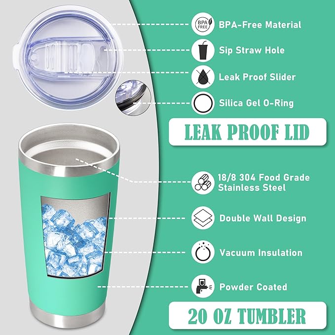 20 oz Tumbler Coffee Travel Tumblers Bulk with Lid Stainless Steel Double Wall Vacuum Insulated Mug Powder Coated Cups fit Car Cupholder for Hot and Cold - Light Blue, 8Pack