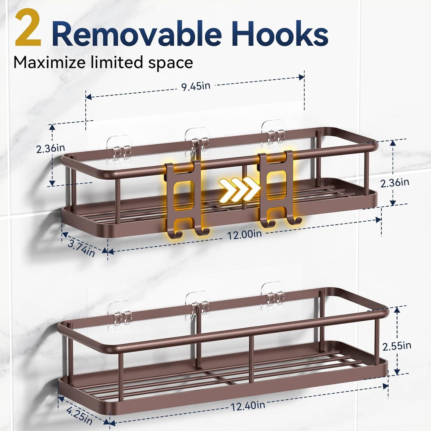 YASONIC Shower Caddy 2 Pack Rustproof Shower Organizer, Large Capacity Shower Shelves for Inside Shower, Bathroom Organizers and Storage with Soap Holder and 12 Hooks, Adhesive Shower Storage Bronze
