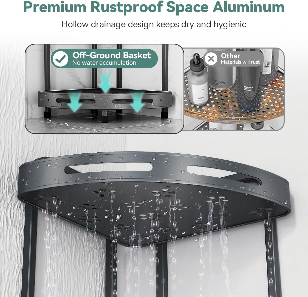 Corner Shower Caddy Standing, 3-Tier Rustproof Shower Organizer with Soap Holder, Aluminum Shower Shelf Stand for Bathroom Storage, Gray