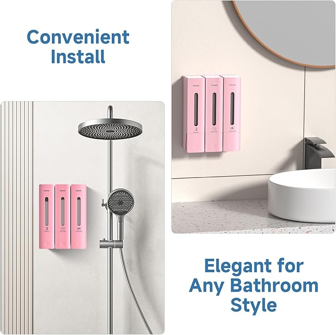 1984 Shower Soap Dispenser Bathroom Set Shampoo Conditioner Body Wash Dispenser Wall Mounted Shower Shampoo Dispenser 3 Chamber No Drill for Home Star Hotel 3 x 400ml Pink