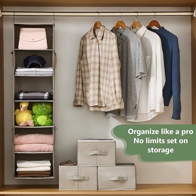 Vailando 6-Shelf Hanging Closet Organizer, Hanging Shelves for Closet with 2 Large Drawer&1 Drawer w/Compartment, 12'' x 12'' x 48.8'', Baby Organizer for Nursery…