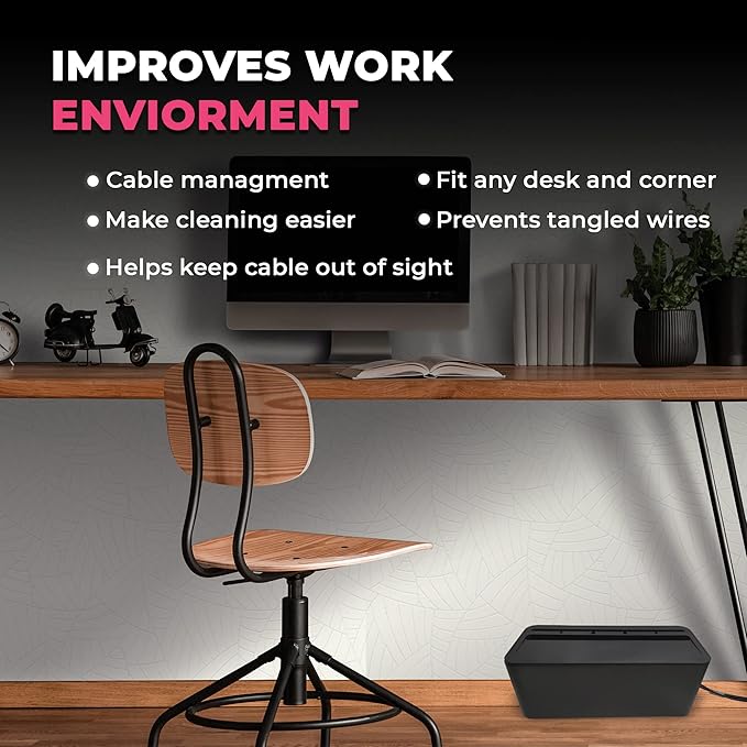 Cable Management Box Cord Organizer - The Cable Storage Box can Manage Hide Plugs Wires Power Strips USB Hub Router TV Computer Desk Cable for Home and Office Medium Black