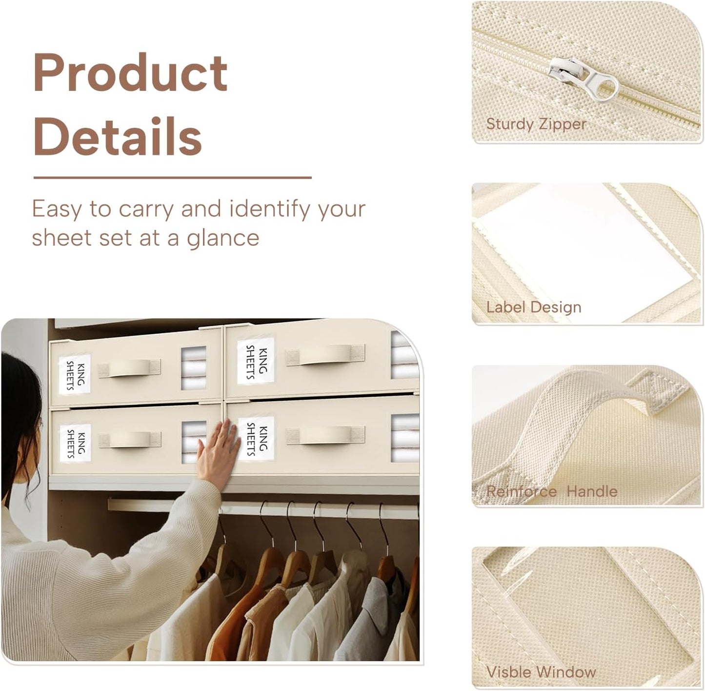 Criusia Bed Sheet Organizers and Storage, 8 Pack Foldable Linen Closet Organizer Box – Bedding Holder for Sheet Set (King/Queen Sizes), Duvet Covers, Blankets (Beige)