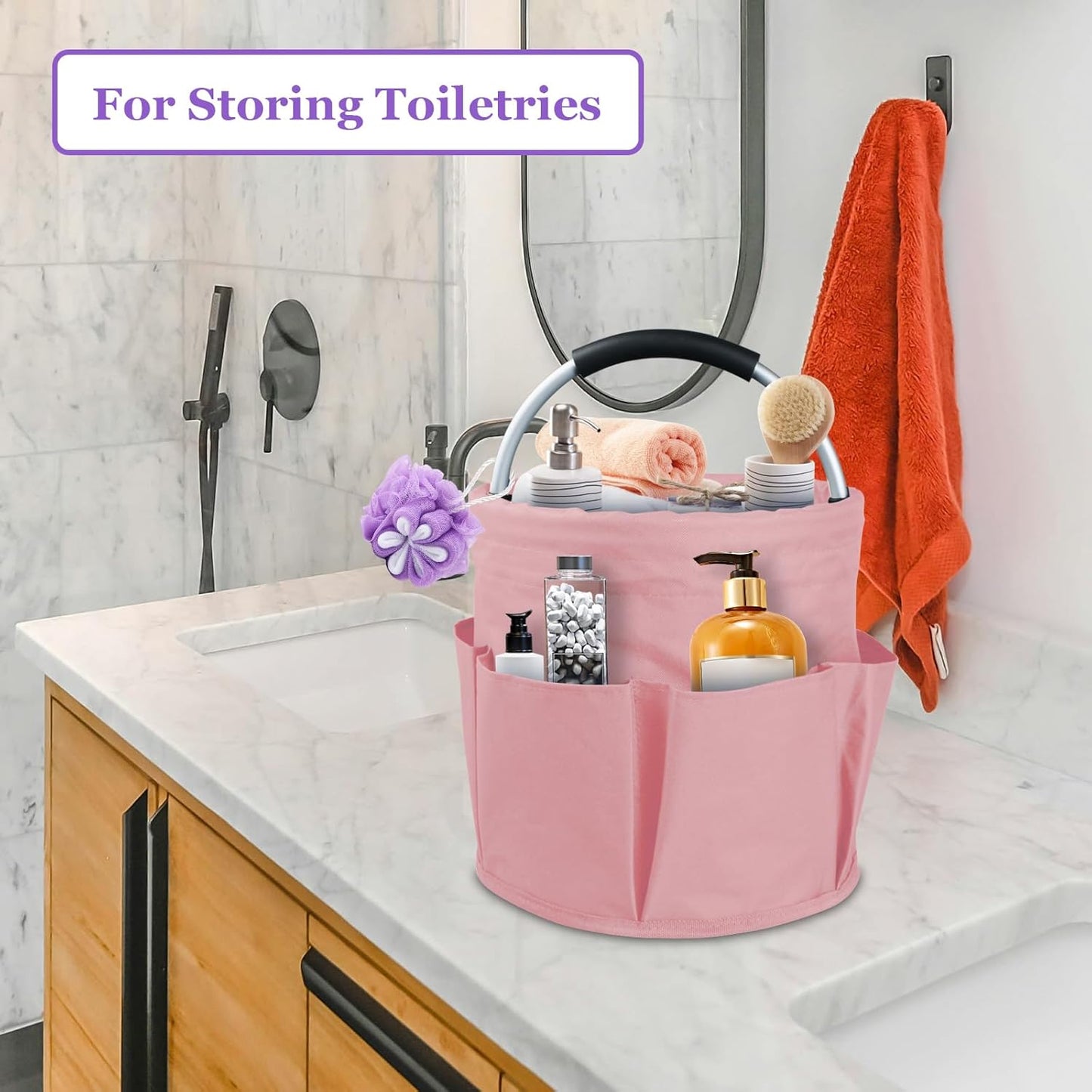 2Pack 17L Foldable Cleaning Supply Caddy for Family, Portable Shower Caddy with Handle and Pockets, Garden Tool Bag in 600D Oxford Fabric, Large Storage Basket for Dorm, Travel, Black + Pink