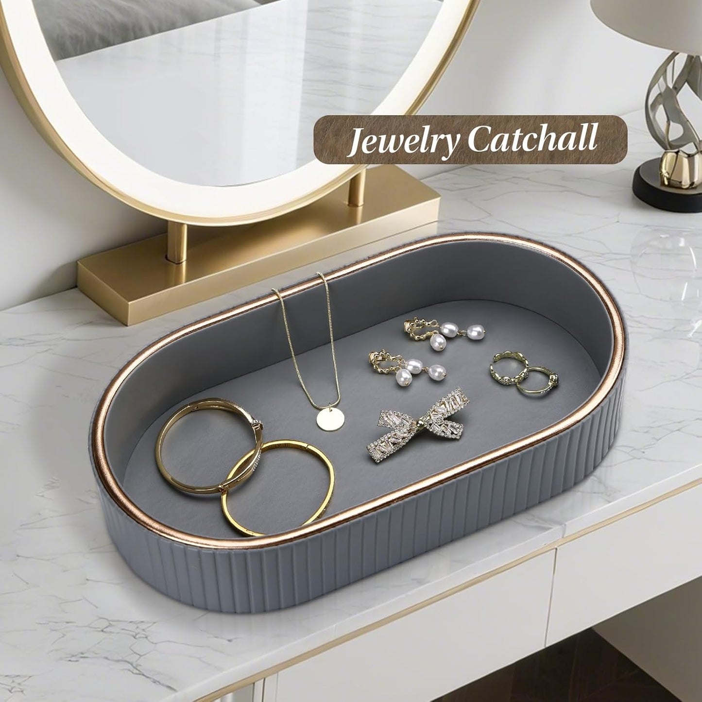 GORESE PU Leather Valet Tray Perfume Organizer, Oval Jewelry Trays Nightstand Organizer Key Bowl Trinket Dish for Dresser Bedside, Vanity Tray for Bathroom, EDC Trays for Men Women, 11×5.9 in, Gray