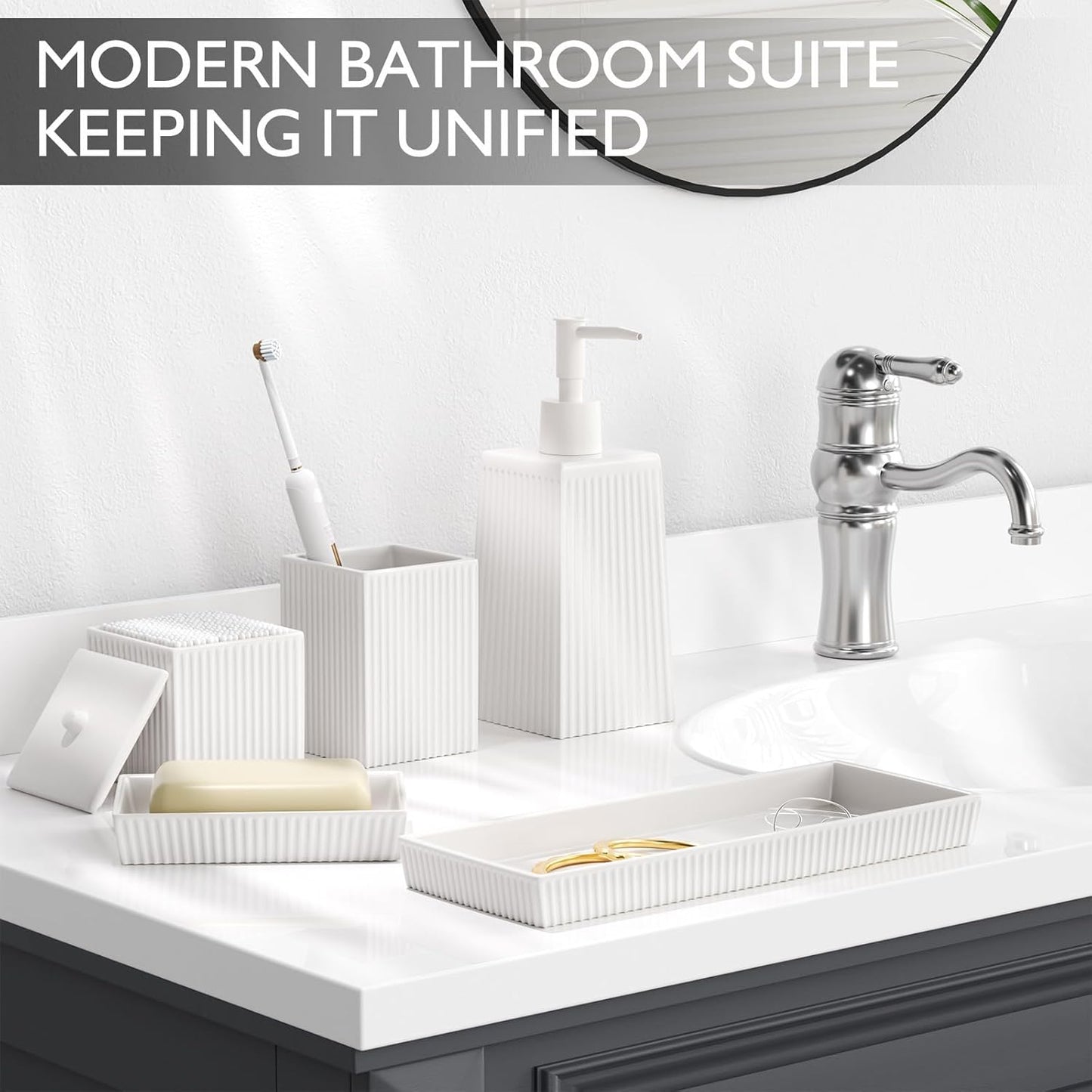 Bathroom Set - White Bathroom Accessories Set, 5PCS Ceramic Bathroom Accessory Set, Bathroom Sets with Soap Dispenser, Toothbrush Tumbler, Soap Dish, Q-tip Holder & Vanity Tray