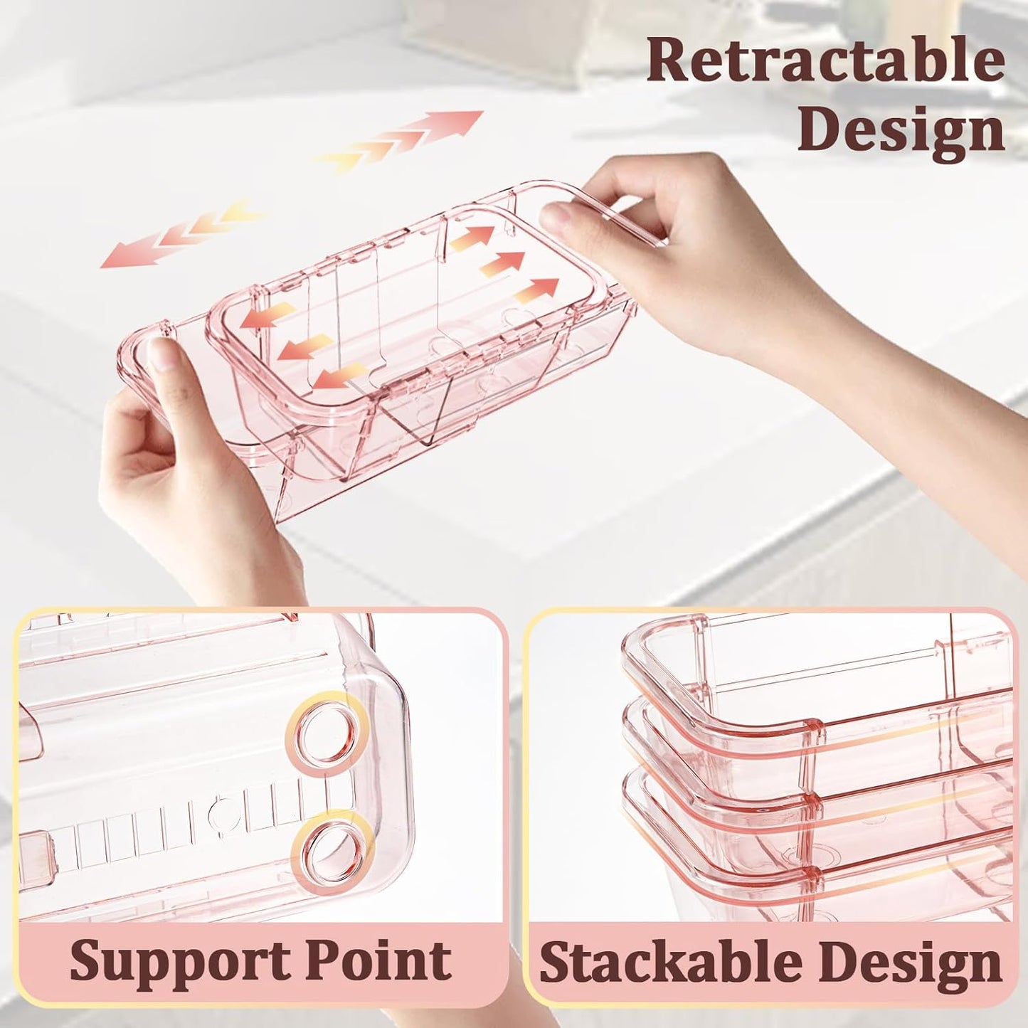 14 Pcs Adjustable Clear Drawer Organizer, Extendable Vanity Storage Bins, Desk Drawer Organizer Set for Makeup, Cosmetics, Bedroom, and Gadgets, Pink