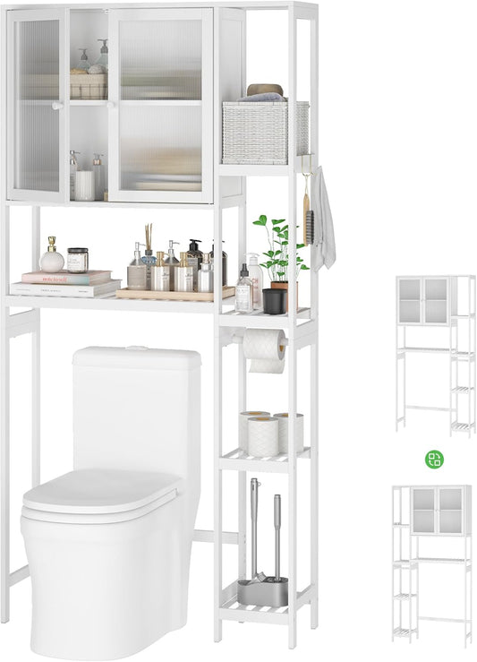 Over The Toilet Storage Cabinet Above Toilet Bathroom Organizer with Toilet Paper Holder Stand Bath Organizer with Adjustable Shelves & Acrylic Doors,Anti-Tip Device (White)