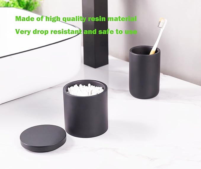 Cotton Swab Holder, Qtip Holder Dispenser with Lid, Resin Bathroom Containers,Vanity Storage Jars Organizer for Cotton Ball, Floss, Bath Salts, Bathroom Accessories, Matte Black