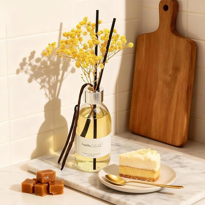 Clesh Reed Diffuser Set, 6.7 oz Vanilla Scented Diffuser with Sticks, Home Fragrance Reed Diffuser for Bathroom Shelf Decor