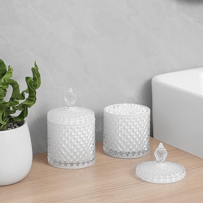 2 Pack Qtip Holder Thick Glass Apothecary Jars with Lid for Bathroom Decor Storage Organizer for Cotton Swabs, Balls, Pads, Floss Picks, Candy, Jewelry, White