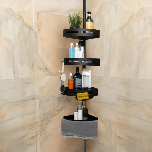 Rustproof Corner Shower Caddy-Tension Pole-LUXURY Model-4 Adjustable Baskets Bath Tub Corner Shower Caddy fits up to 114" ceiling,Bathroom Organizer with Towel Bar, Hooks & Soap Dish (Black)