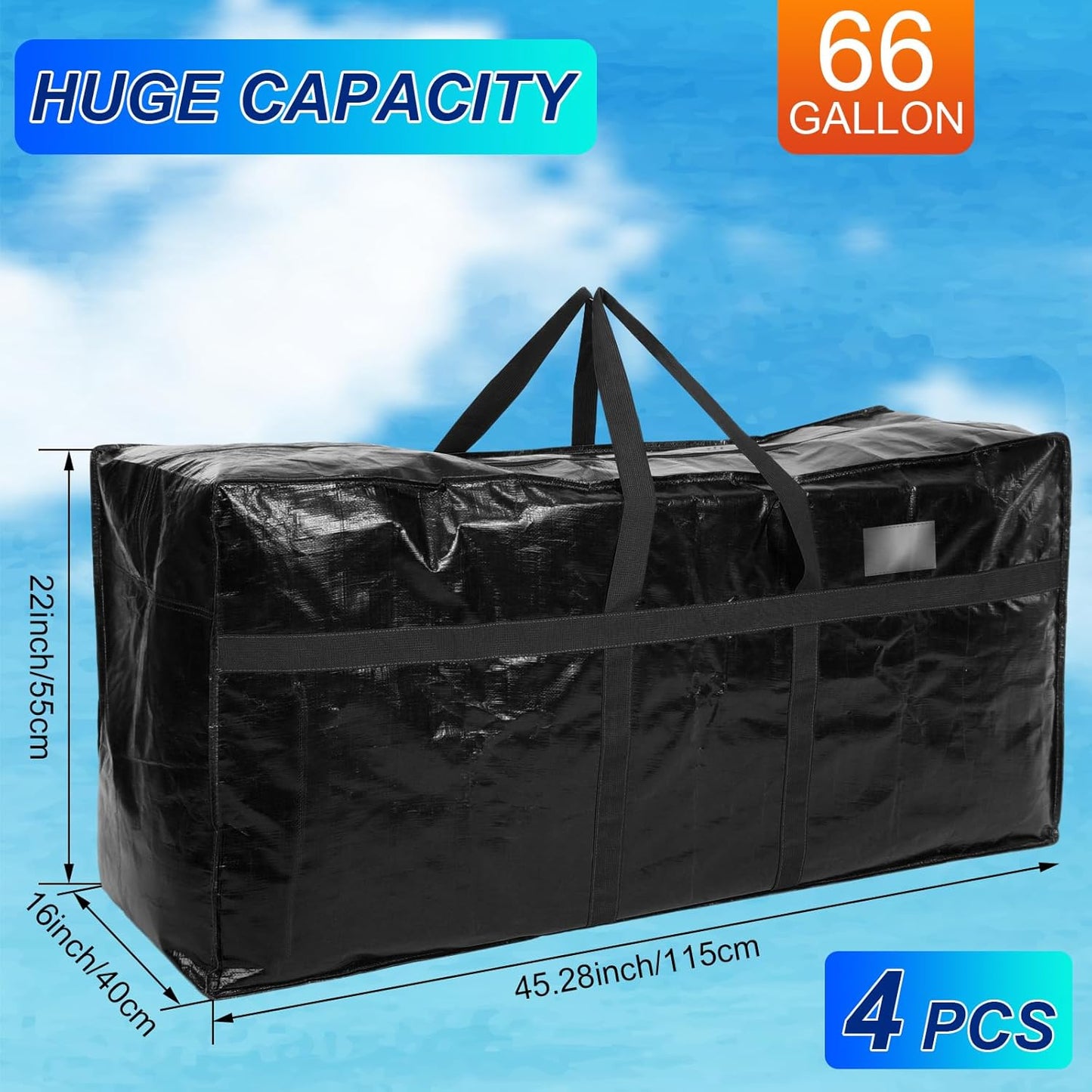 4 Pcs 66 Gallon Large Moving Bags with Zipper and Handles Foldable Storage Duffle Bags Heavy Duty Extra Large Totes for College Dorm Travel Clothes Blankets Bedding Moving (Black, Blue)