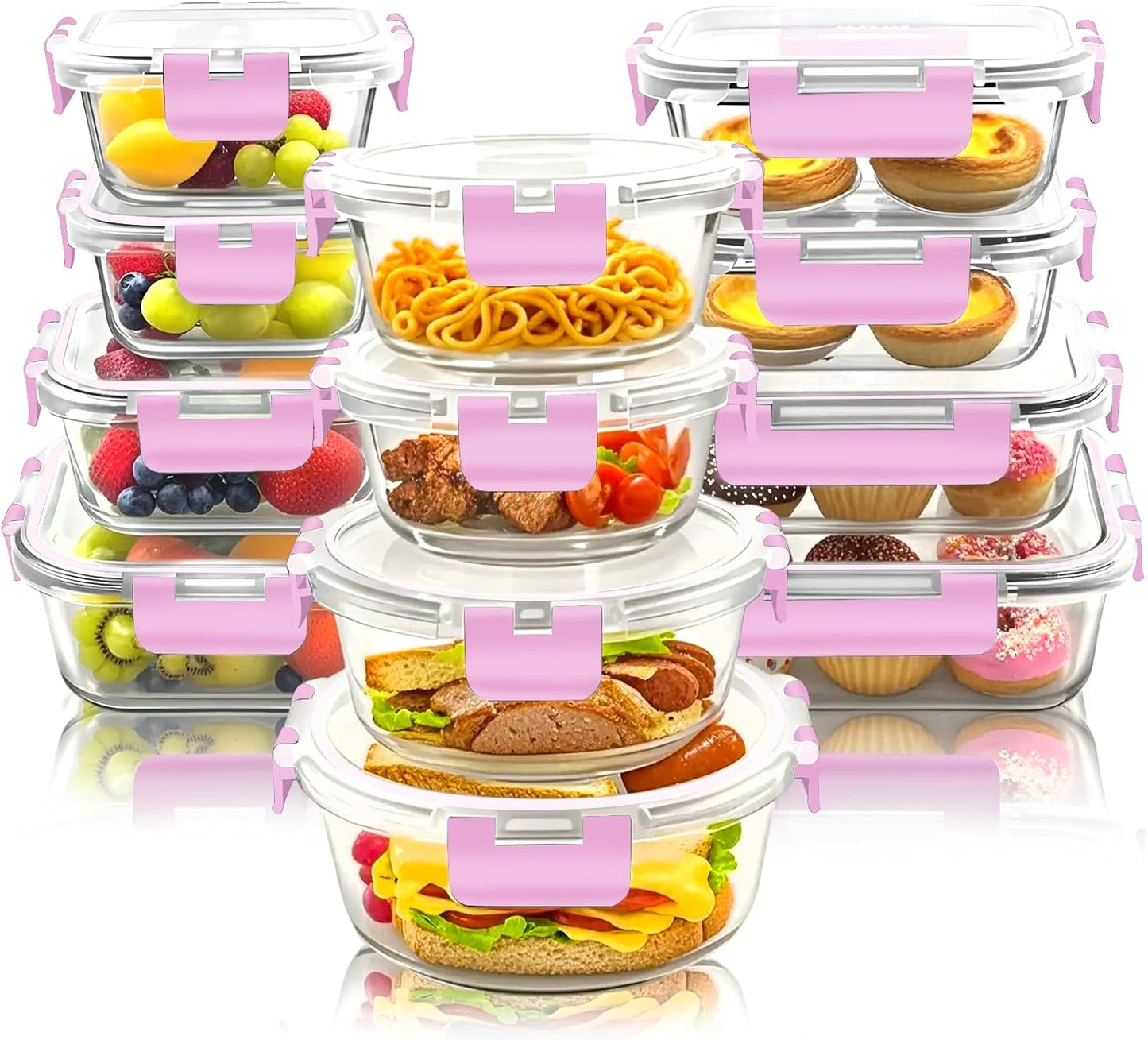 12 Pack Glass Meal Prep Food Storage Containers with Lids Airtight Stackable, Microwave, Oven, Freezer and Dishwasher Safe(Pink)