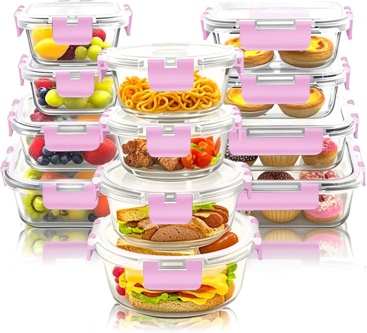 12 Pack Glass Meal Prep Food Storage Containers with Lids Airtight Stackable, Microwave, Oven, Freezer and Dishwasher Safe(Pink)