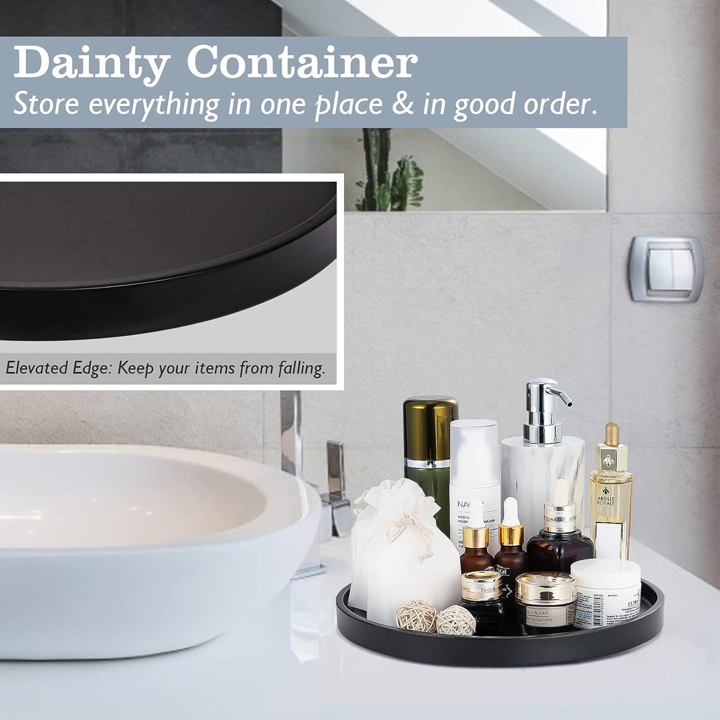 Emibele Vanity Tray, Resin Round Tray Decorative Storage Organizer for Bathroom Toilet Tank Bedroom Kitchen Countertop, Jewelry Storage Dresser Tray for Candle,Lotion Bottle,Cosmetics, Matte Black