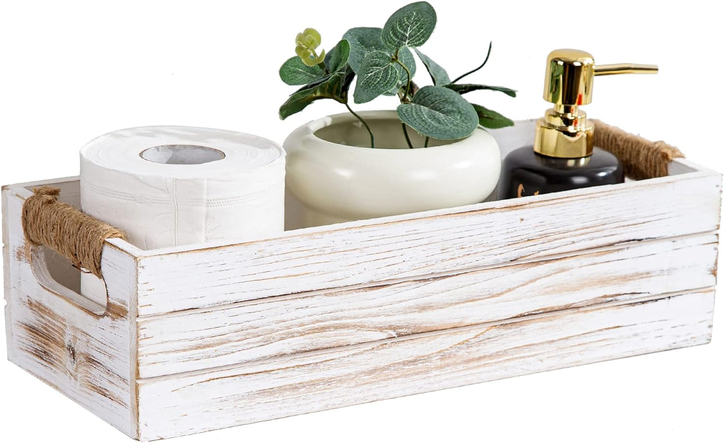 TIMRIS Rustic Wooden Toilet Paper Holder, Farmhouse Bathroom Decor, Toilet Tank Basket, Decorative Storage Container (Whitewash)