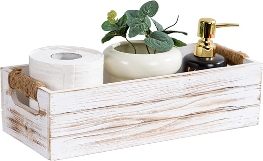 TIMRIS Rustic Wooden Toilet Paper Holder, Farmhouse Bathroom Decor, Toilet Tank Basket, Decorative Storage Container (Whitewash)