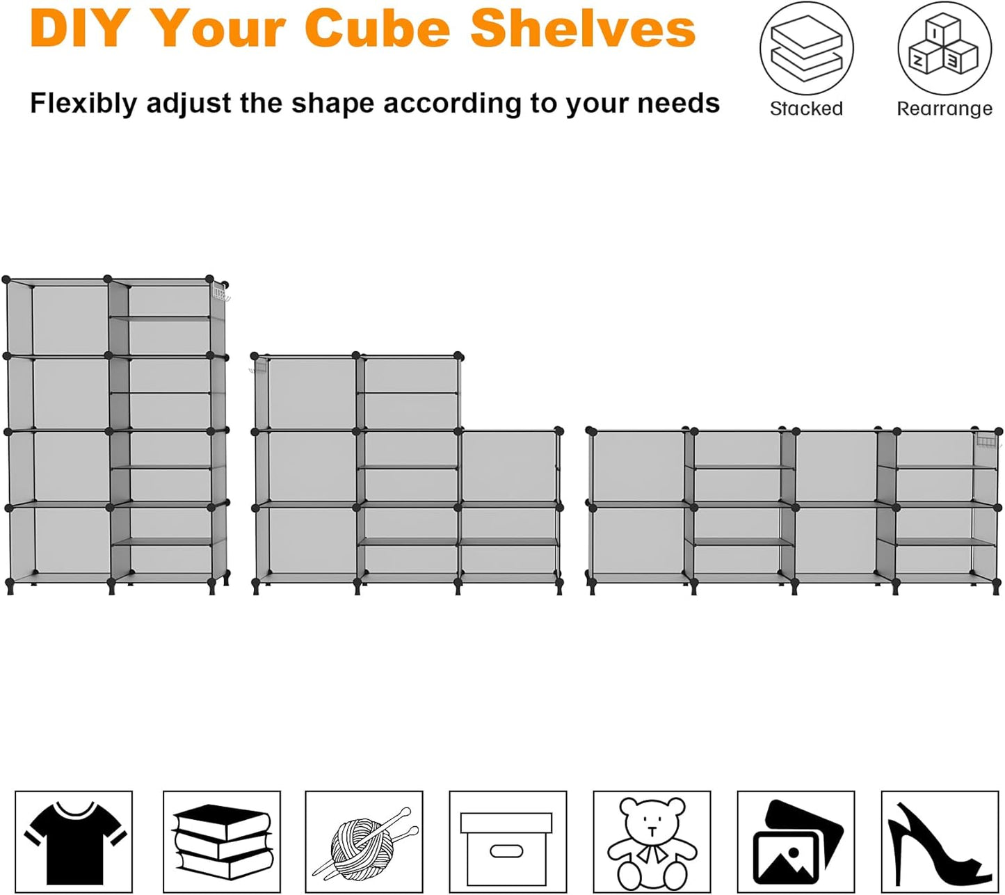 AWTATOS Closet Organizer 8 Cube Storage Shelves Clothes Organizers Stackable Cubby Shelving for Closet Bedroom Living Room Grey