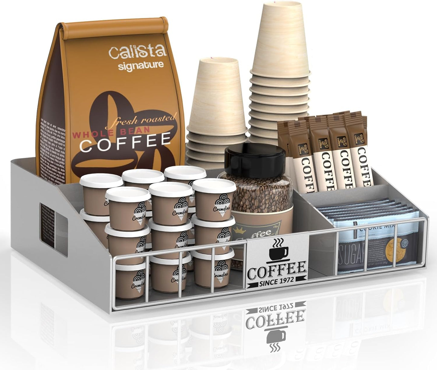 Metal Coffee Station Organizer for Countertop - Coffee Bar Organizer with Designable DIY Logo, K Cup Pods Holder & Tea Condiment Storage - Rustic Breakroom Kitchen Decor in Silver （1 Pcs）