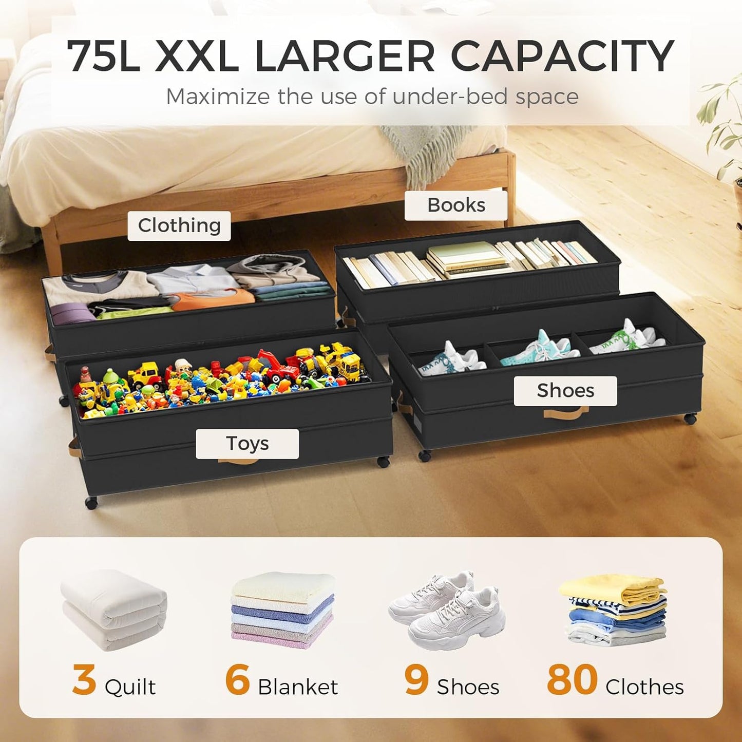 Under Bed Storage with Wheels 4-Pack, 75L XXL Under the Bed Storage Containers Large, 12" Tall Adjustable Storage for Underbed with Lids, Rolling for Shoes, Clothes, Blankets (4PCS-Black)