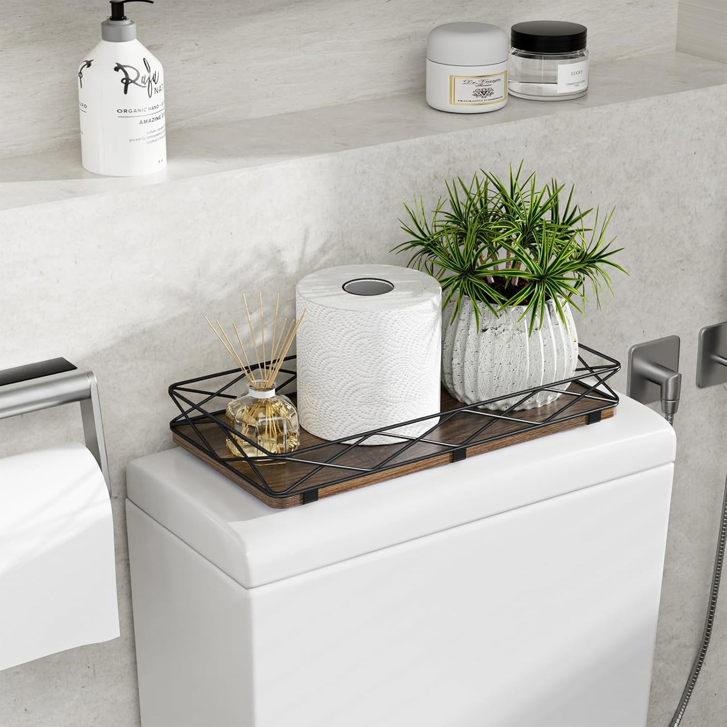 Toilet Paper Basket Holder, 13" Bathroom Tray Countertop, Wood and Metal Toilet Tank Tray Bathroom Vanity Organizer for Toiletry, Kitchen Sink Organizer for Soap Dispenser (Brown+Black)