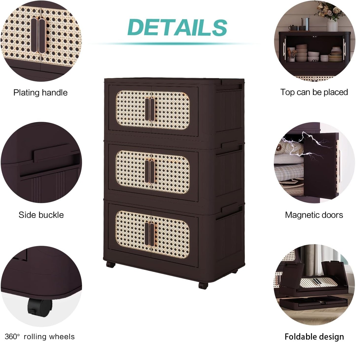 Holaki 156 QT Storage Bins with Lid, 4 Tiers Collapsible Plastic Storage Bins Storage Cabinet Box with Wheels and Magnetic Door for Home Closet Organizers(Retro Brown)