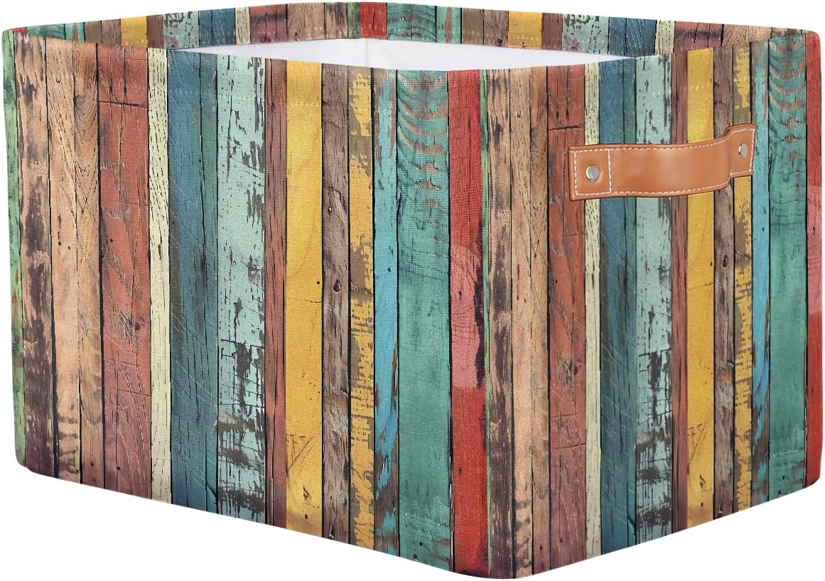 Rustic Wooden Storage Basket for Shelves, Storage Bins with Handles, Collapsible Basket for Organizing, Closet Toy Baskets for Nursery Room, 15x11x9.5 in, Canvas, Rainbow Colored