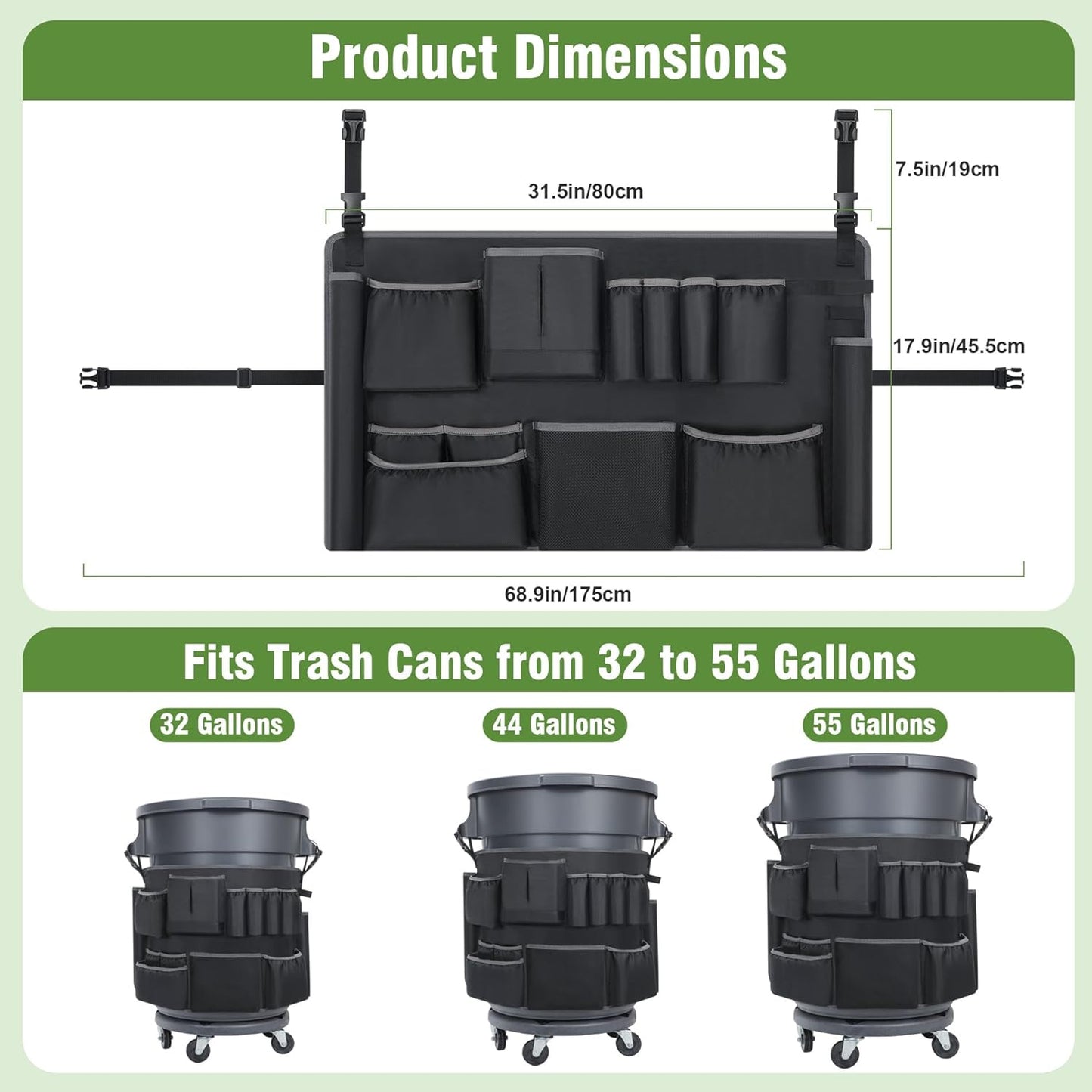 Trash Can Caddy Bags Fit 32-55 Gallon Garbage Bin, Garbage Bin Caddy Bag with 13 Pockets Compatible with Brute & Uline, Commercial Cleaning Supplies Organizer Bag & Janitorial Duties(1PCS)