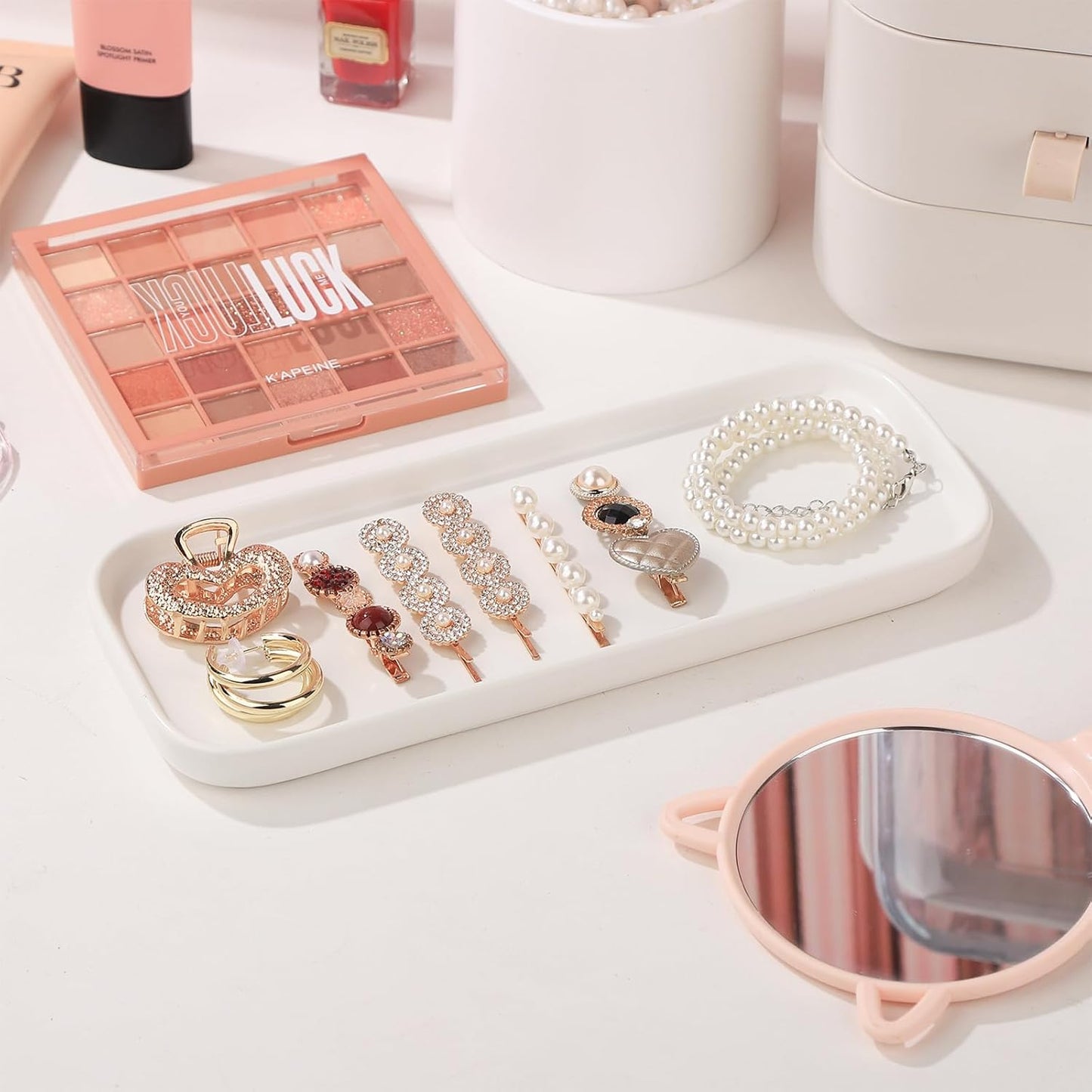 VanEnjoy Ceramic Tray for Kitchen Counter, White Vanity Tray for Bathroom Counter, Long Narrow Tray for Soap Bottles