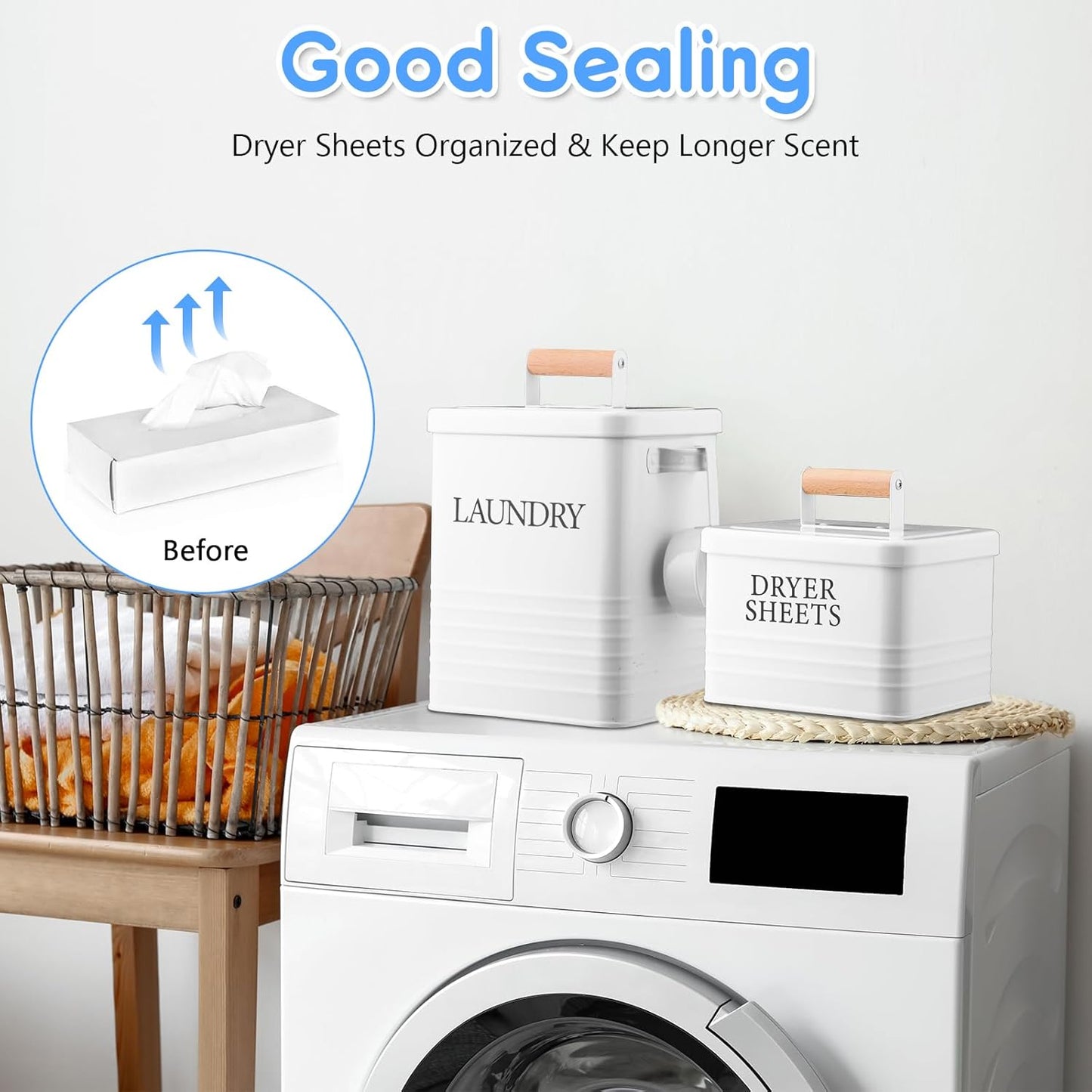 Metal Laundry Powder Container with Dryer Sheet Holder Modern Farmhouse Laundry Detergent Container with 1 Spoon Fabric Softener Dispenser with Lid for Space Saving Room Organization and Decor, White