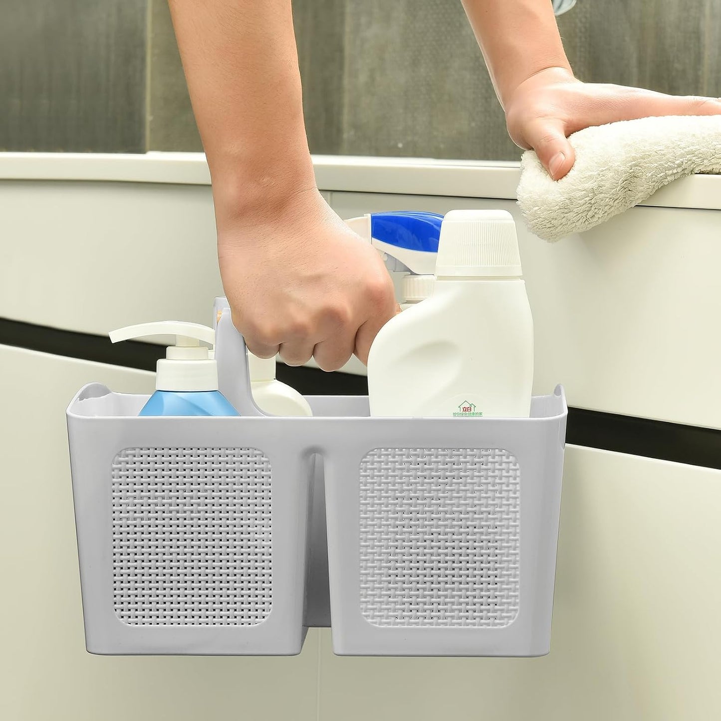 ALINK Portable Shower Caddy Basket with Compartments, Plastic Divided Cleaning Caddy Organizer Storage Tote with Handle for Bathroom, College, Dorm Room Essentials, Light Gray