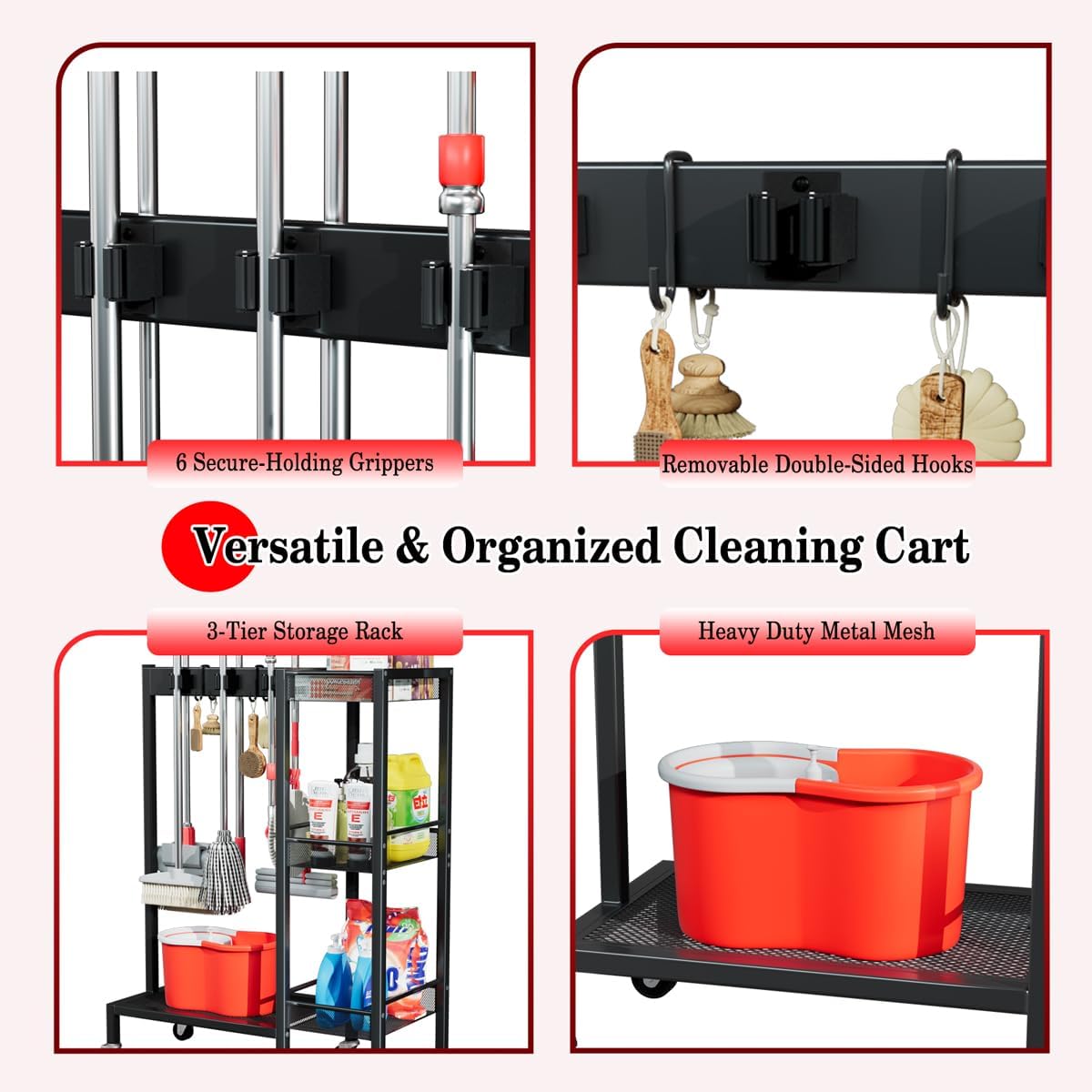 Broom and Mop Holder with Wheels, Large Capicity Cleaning Supplies Organizer with 3-tier Storage Shelf, Cleaning Rack with Hanger Grippers Hooks, Narrow Housekeeping Rack for Laundry Room Garage