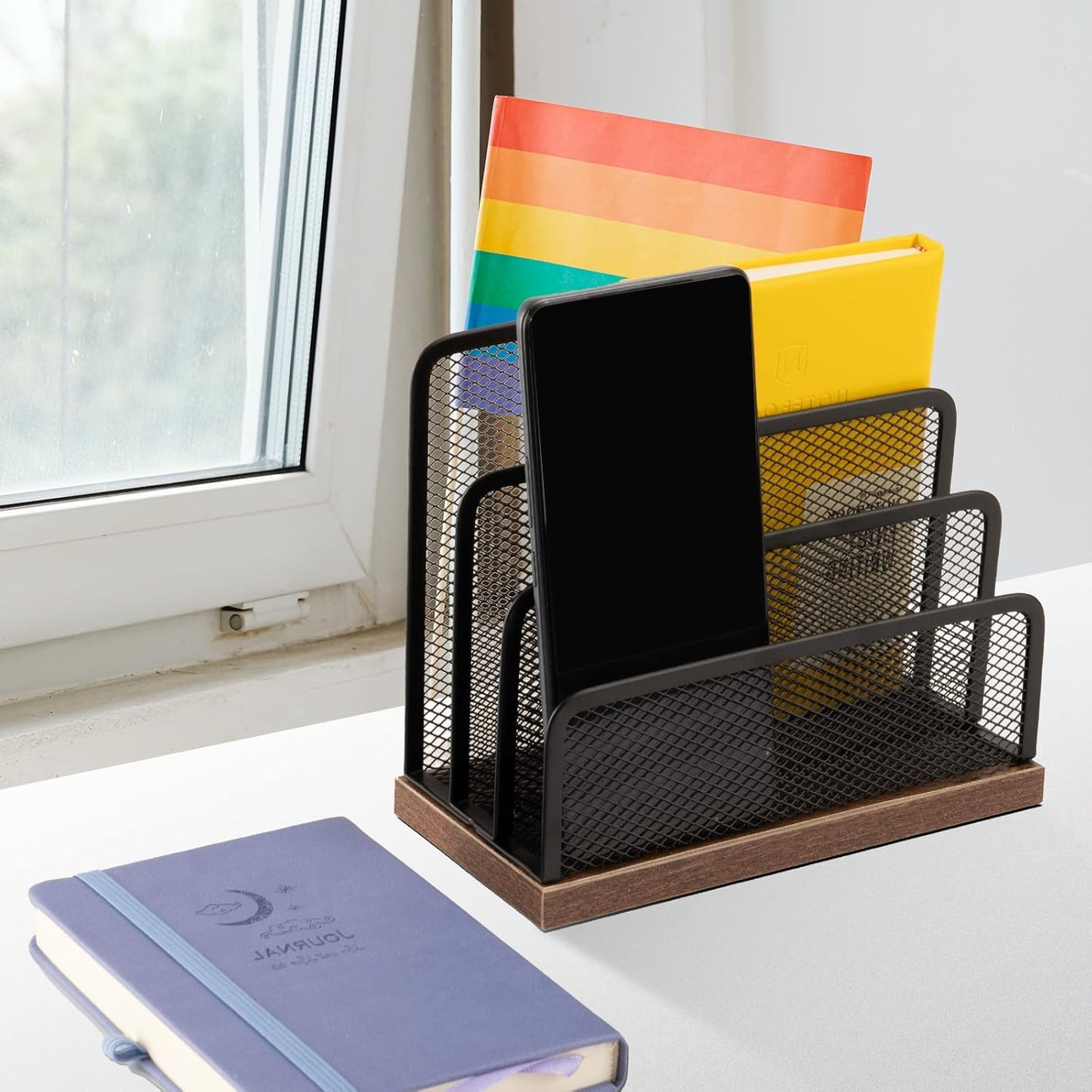 Wooden Desk Mail Organizer, Desktop File Organizer Metal Mesh with 3 Vertical Upright Compartments, Mail Sorter Letter Organizer Rack for Letters, Postcards, Brochures, Mail Holder (2 Pack Black)