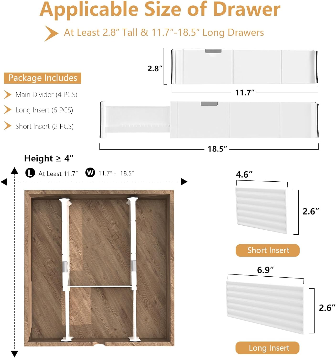 KABUM Adjustable Drawer Divider Organizer Clothes Dresser Organizer,Expandable Organization for Home, Office,2.8" High Expandable from 11.7" to 18.5",4 Dividers with 6 Short and 2 Long Inserts