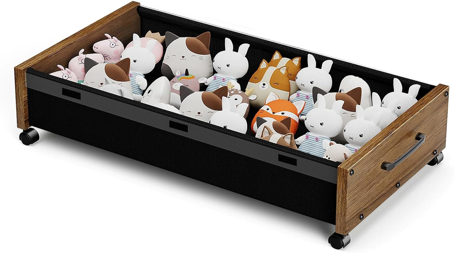 KITHELP Wooden Under Bed Storage with Wheels, Rolling Under the Bed Storage Bins with Removable Lid, Metal Under Bed Drawers for Clothes and Shoes in Bedroom or Living Room(Walnut Brown-1pack)