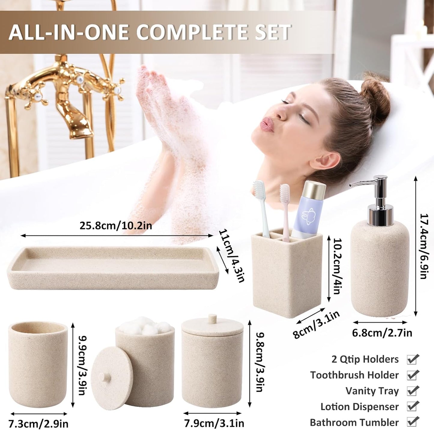 Resin 6 Pcs Beige Bathroom Set Complete with Toothbrush Holder, Lotion Soap Dispenser, 2 Qtip Holder Dispensers,Vanity Tray,Bathroom Tumbler - Countertop Vanity Organizer - Bathroom Accessories Set