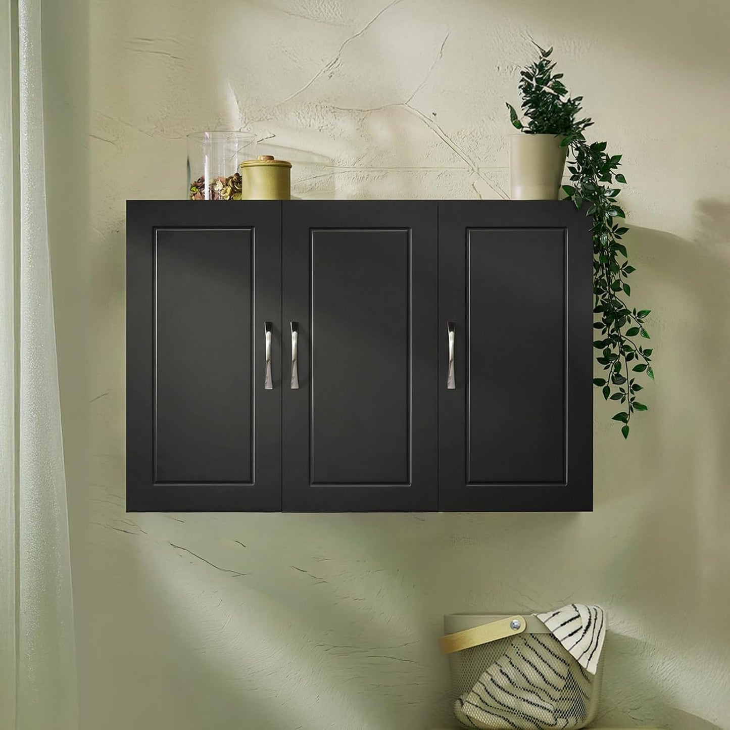 3-Doors Bathroom and Laundry Room Wall Cabinet with Adjustable Shelves, Wall Mounted MDF Storage Organizer Over Toilet or Washer, Black, HUS-FRG231-L