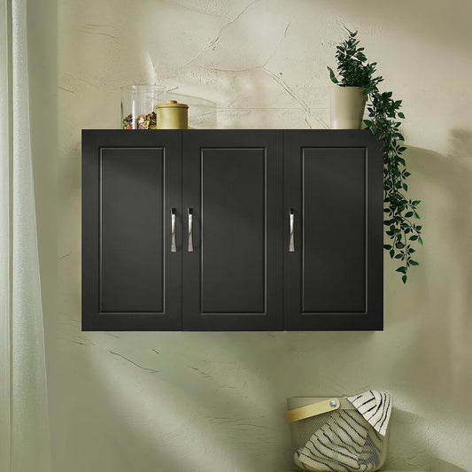 3-Doors Bathroom and Laundry Room Wall Cabinet with Adjustable Shelves, Wall Mounted MDF Storage Organizer Over Toilet or Washer, Black, HUS-FRG231-L