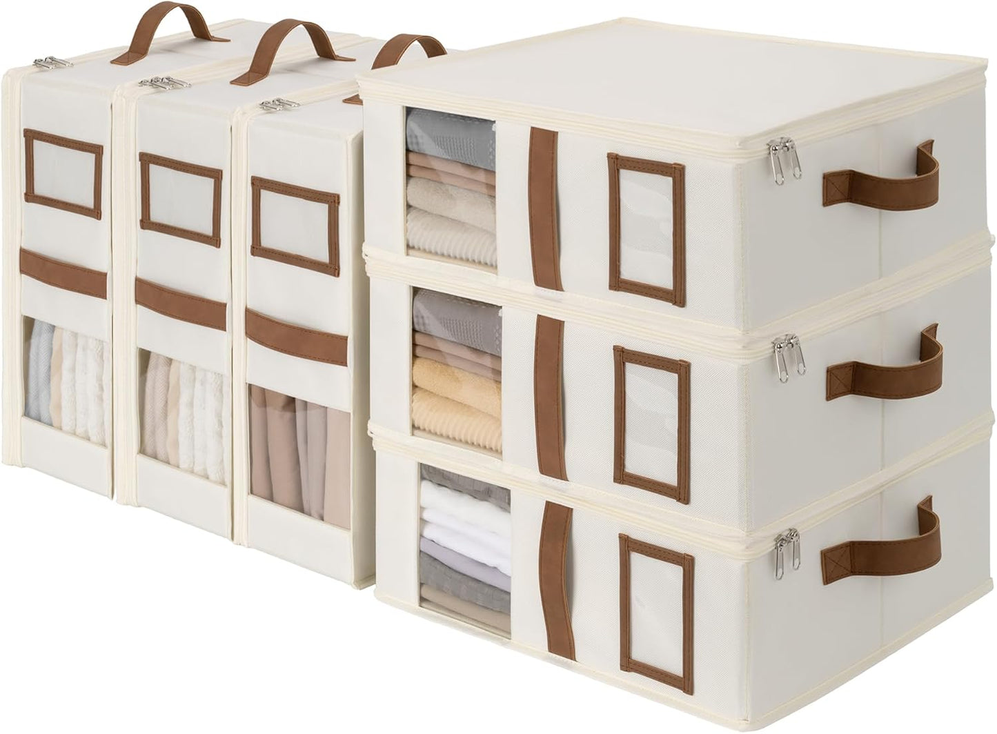 StorageWorks 6-Pack Bed Sheet Organizers and Storage, Foldable Bedsheet Holder for Linen Closet, Bedding Container with Handle, Beige, 15" D x 12¾"W x 5½"H